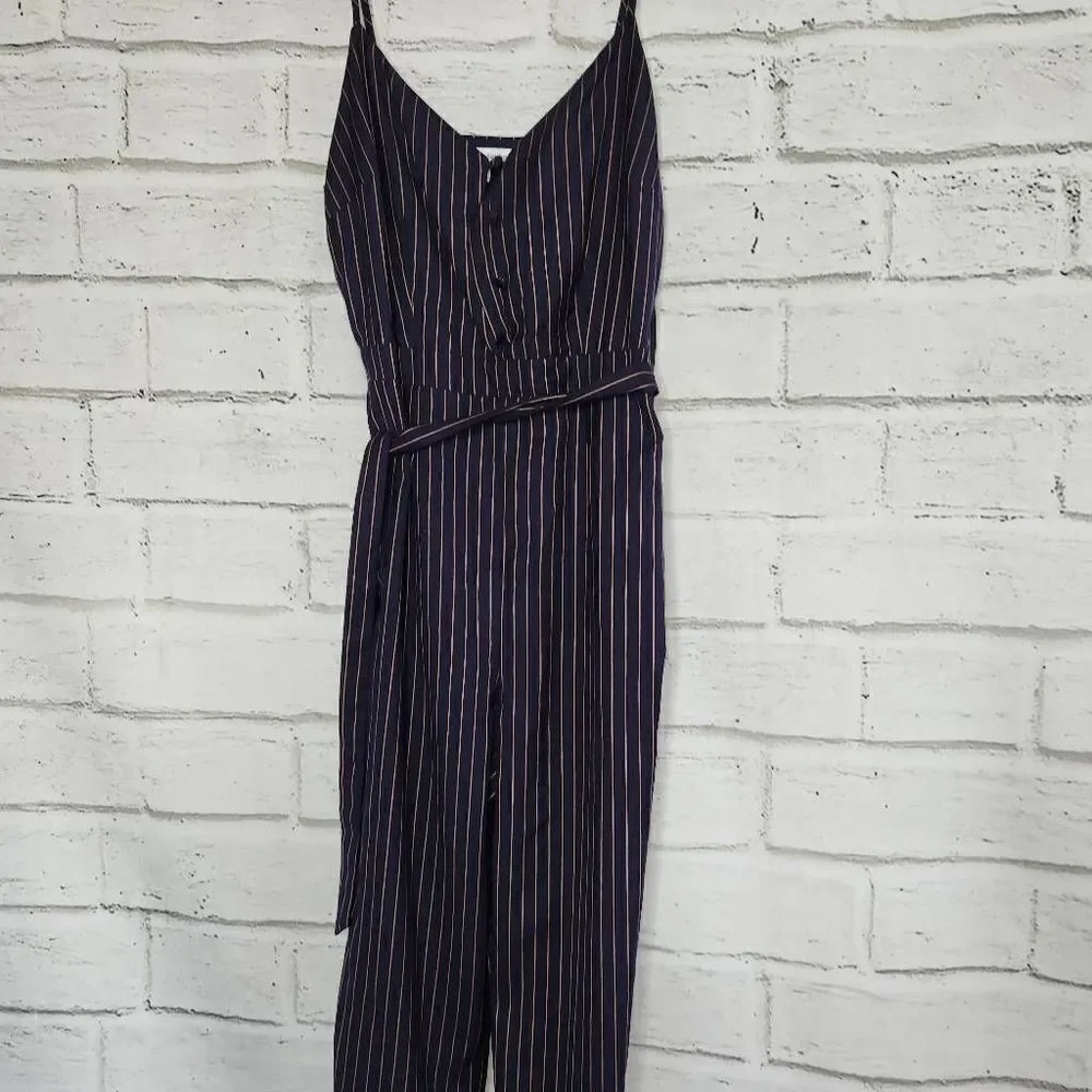 Cupcakes & Cashmere Bonita Pinstripe Front Tie Waist Jumpsuit Blue Tan Small